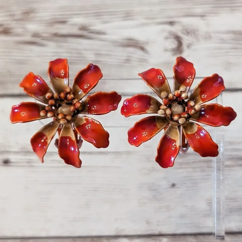 Vintage Clip On Earrings - Large Orange Flower 1 & 3/8